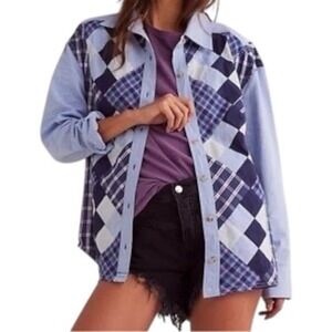Free People Argyle Plaid Oversized Patchwork Blue Combo Chambray Shirt Small New